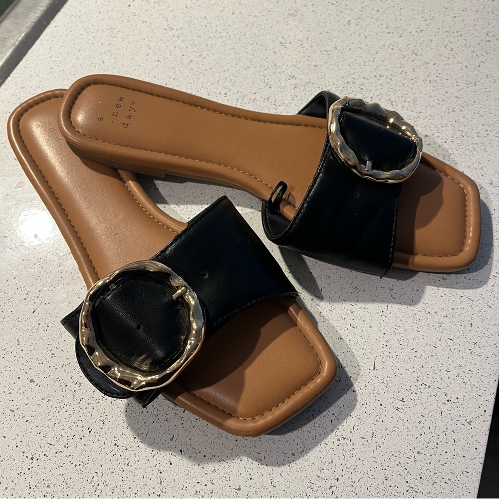 a new day - Black Slide Sandals with Gold Buckle